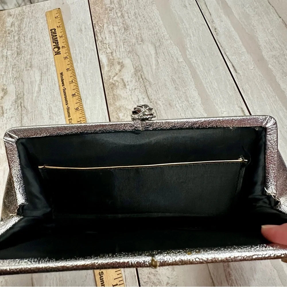 Vintage Silver Leather Kiss Lock Micro Clutch Party Event Evening Christmas NYE